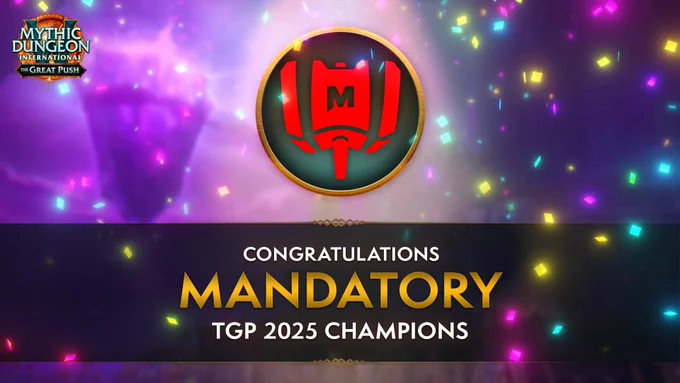 An image proclaiming the champion of the 2025 Great Push Global Finals.

The team's logo is placed front-and-center in the image, contained within a golden-embossed backplate. A bright spotlight shines down from the top edge of the image, further highlighting the logo plate. Beneath the logo, descriptive text is featured. White subtitling reads "CONGRULATIONS", followed by the team's name in a bright gold gradient. The image is further subtitled in white lettering that reads "TGP 2025 CHAMPIONS".

Brightly multicolored confetti falls over top of the entire image, in various shapes and sizes. The background of the image is comprised of a scenic shot of Hallowfall  with a modified treatment of the 2025 TGP logo featured in the top left corner.