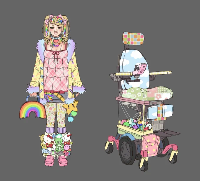 image of a woman standing next to a powerchair. Her blonde hair is tied into two ponytails and her bangs are cut diagonally to the right. She has two pink bows with rainbow ribbons, and multiple colorful clips in her hair.

She has large blue earrings, and two necklaces, a red heart and large rainbow beads. She has a yellow coat with a floral patterns with fuzzy purple cuffs and trim. She has a layered pink plaid tank with a denim miniskirt, and a star bag on her right hip with blue and green “pom-poms” dangling from it, and a rainbow ribbon on her left hip.

She has a rainbow purse in her left hand, and floral leggings. She has pink shoes and leg warmers with multiple small plushies sewn to it, such as Hello Kitty, a green Care Bear, Kirby, Kerropi, and other small plushies 

Her powerchair is colorful with a “crane game machine” full of plushie prizes replacing the motor box. The headrest has colorful squares for the design, with the back being a blue sky with clouds.