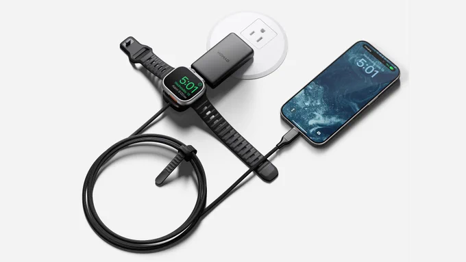 A sleek design showing the Nomad Universal Cable with its integrated Apple Watch charging puck and USB-C connector, built with durable Kevlar