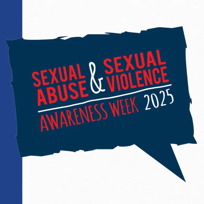 Logo for Sexual Abuse & Sexual Violence Awareness Week 2025, featuring bold red and white text on a navy blue speech bubble background.