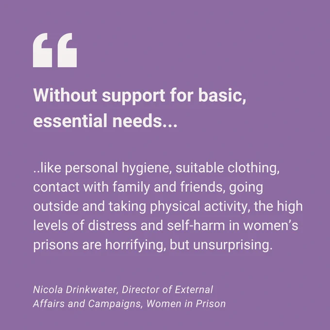 A muted purple graphic with light grey text reads: "Without support for basic, essential needs like personal hygiene, suitable clothing, contact with family and friends, going outside and taking physical activity, the high levels of distress and self-harm in women’s prisons are horrifying, but unsurprising." 

Nicola Drinkwater, Director of External Affairs and Campaigns, Women in Prison
 