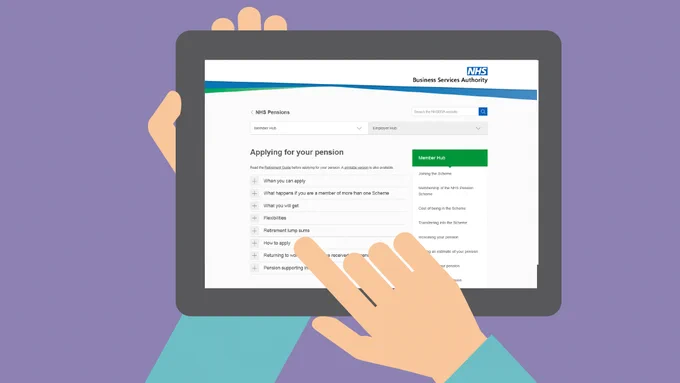 Person using a tablet displaying the NHS Business Services Authority website for pension applications.