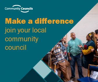 An image of a group of people talking overlaid with text saying 'Community Councils' followed by 'Make a difference, join your local community council'. 