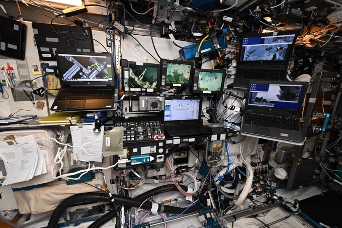 The robotics workstation on the International Space Station, photographed at use during the U.S. spacewalk on Jan. 30, 2025.