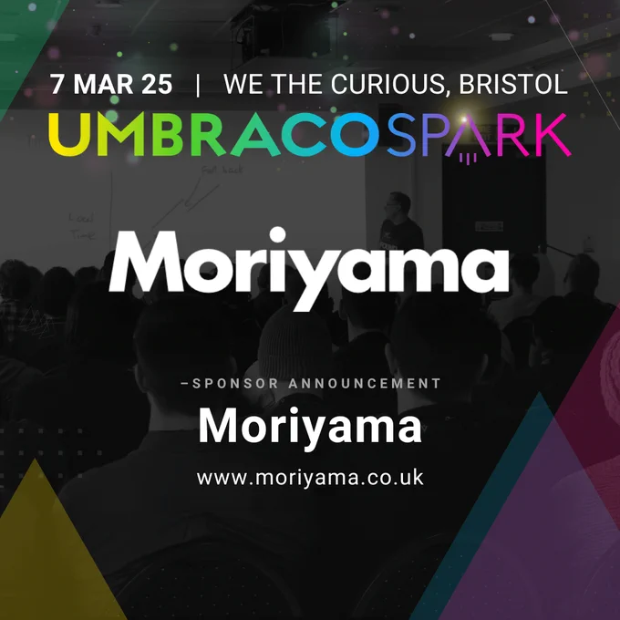 Moriyama logo and Umbraco Spark logo on top of picture of attendees at an Umbraco Spark conference