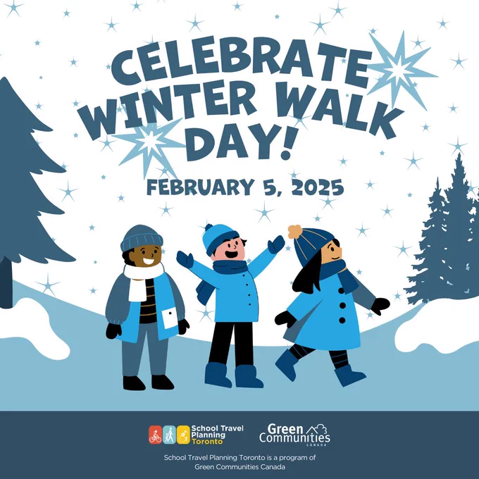Blue and white illustration of three children dressed in winter clothing walking in the snow between some trees. Text reads Celebrate Winter Walk Day! February 5, 2025.