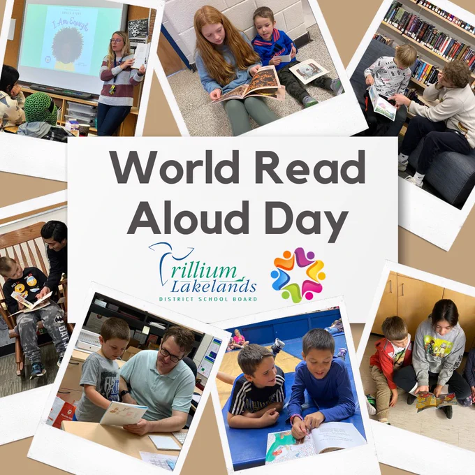 Polaroid pictures of students and teachers reading books out loud. TLDSB and TLDSB Equity logos. Text says World Read Aloud Day.