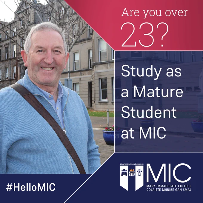 Pat, a mature student in his 60s. He is smiling and has short grey hair. He is wearing a blue cardigan and a blue shirt. He is standing outside in front of a large 19th century grey building with white sash windows. The text on the image is 'Are you over 23? Study as a Mature Student at MIC. #HelloMIC'. 