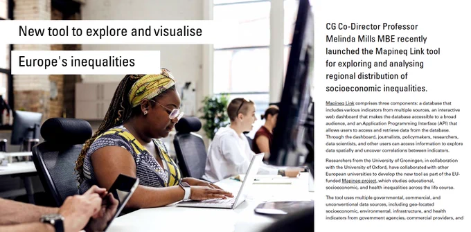 Image shows people sitting at desks and working on laptops in an open plan office. Headline reads: New tool to explore and visualise Europe's inequalities. Article intro text reads: CG Co-Director Professor
Melinda Mills MBE recently
launched the Mapineq Link tool
for exploring and analysing
regional distribution of
socioeconomic inequalities.

Mapineq Link comprises three components: a database that
includes various indicators from multiple sources, an interactive
web dashboard that makes the database accessible to a broad
audience, and an Application Programming Interface (API) that
allows users to access and retrieve data from the database.
Through the dashboard, journalists, policymakers, researchers,
data scientists, and other users can access information to explore
data spatially and uncover correlations between indicators.
