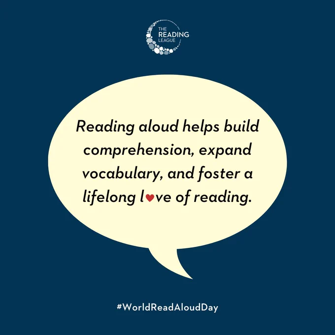 The Reading League logo Reading aloud helps build comprehension, expand vocabulary, and foster a lifelong love of reading. #WorldReadAloudDay