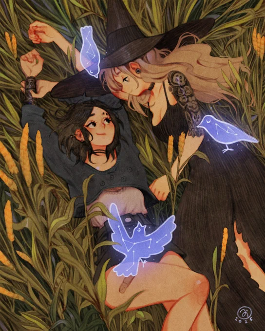 Two characters laying down in a grass field surrounded by ghost birds.