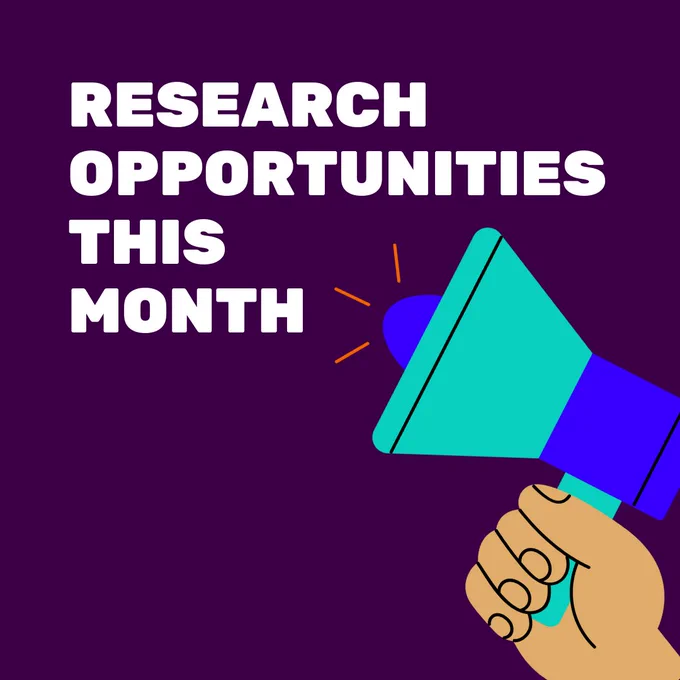 Dark purple background with white capitalised text left aligned, reading 'Research opportunities this month'. In the bottom right corner is an illustration of a hand holding a megaphone, pointing up to the text.