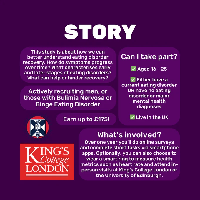 Dark purple background with text in lighter purple boxes. Title reads 'Story'. Text below reads 'This study is about how we can better understand eating disorder recovery. How do symptoms progress over time? What characterises early and later stages of eating disorders? What can help or hinder recovery?' 'Actively recruiting men, or those with Bulimia Nervosa or Binge Eating Disorder.' 'Earn up to £175!' 'Can I take part? Aged 16 - 25. Either have a current eating disorder OR have no eating disorder or major mental health diagnoses. Live in the UK.' 'What’s involved?
Over one year you'll do online surveys and complete short tasks via smartphone apps. Optionally, you can also choose to wear a smart ring to measure health metrics such as heart rate and attend in-person visits at King's College London or the University of Edinburgh.' In the bottom left corner is both the King's College London logo and the University of Edinburgh logo.