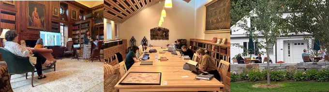 horizontal panel with 3 color photos--a wood-paneled library with people sitting in upholstered furniture listening to a woman who stands before an electronic screen; a large light room with a long table at which sit various researchers readinng books or working on their laptops; an outdoor terrace with people sitting at tables in conversation, all in front of a white colonial house with green plants & trees. 