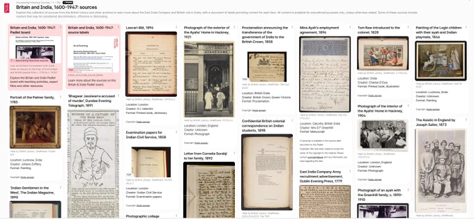Screenshot of a Padlet page showing a number of different historical sources relating to Britain and India, 1600-1947