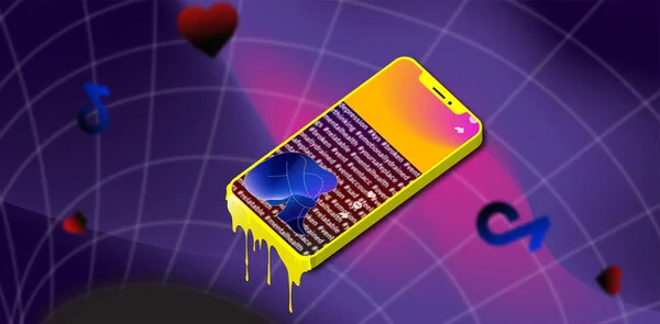 A smartphone with TikTok hashtags related to harmful mental health-related content and a person sitting with their head between their knees, against a net-like background suggesting that such content brings users down "rabbit holes".