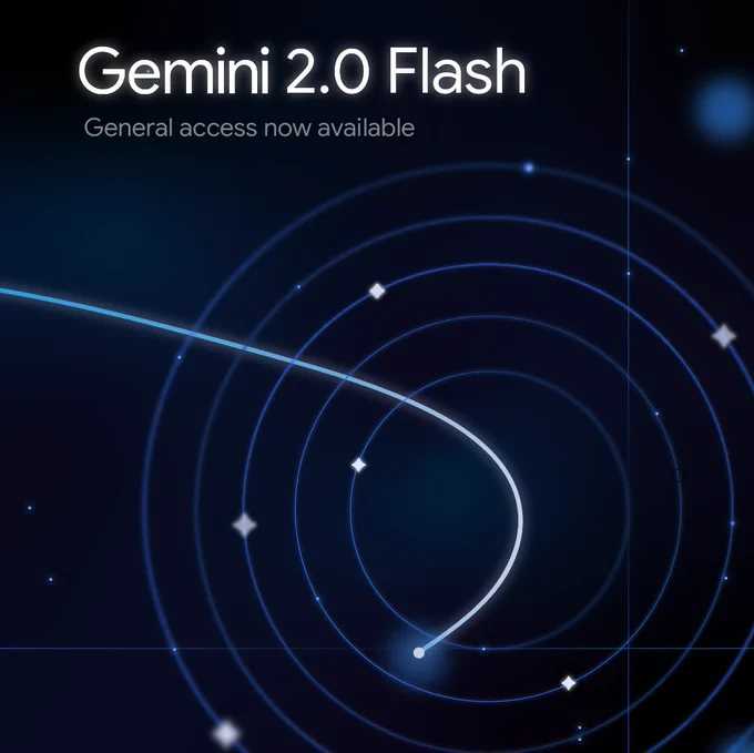 A dark blue background with concentric circles and a glowing white line curving through them.  White text at the top reads, "Gemini 2.0 Flash" and below it "General access now available".