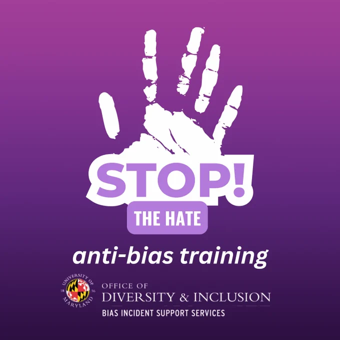 Stop the hate anti-bias training from Bias Incident Support Services. A handprint making a "stop" motion