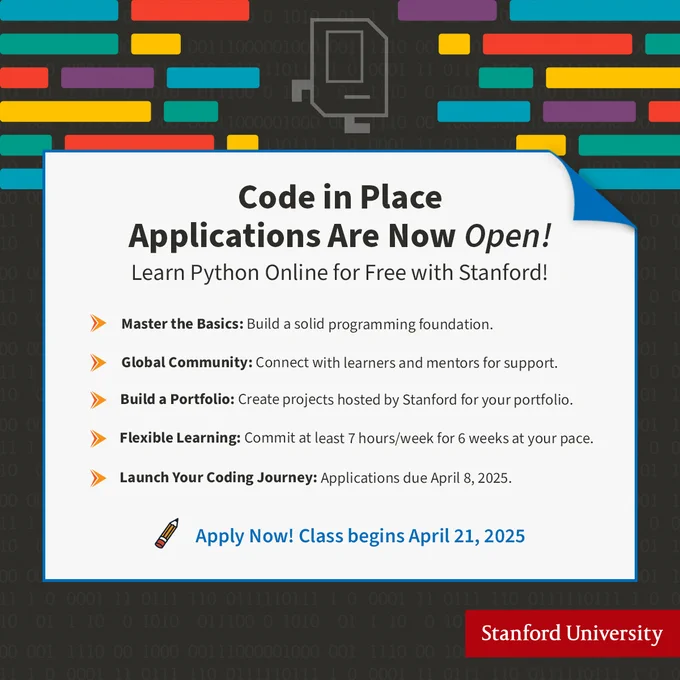 A short list of main points regarding the opening of the Stanford Code in Place program.