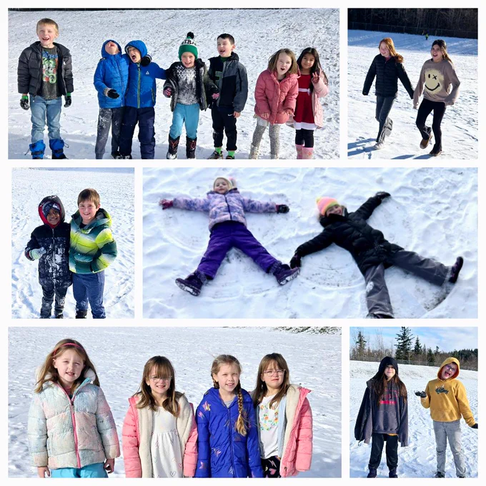 Grid of six photos of elementary students posing for photos outside in the snow during recess