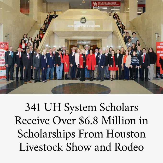 Group photo of UH System scholars, UHS leadership and Houston Livestock Show & Rodeo leadership at the University of Houston for the UH System Rodeo Scholars Luncheon with text that reads “341 UH System Scholars Receive Over $6.8 Million in Scholarships From Houston Livestock Show and Rodeo.”