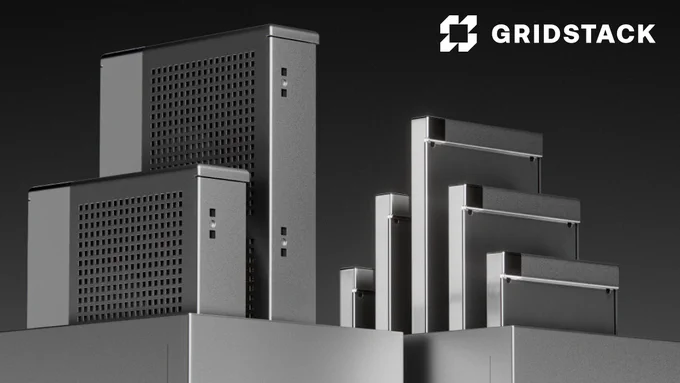 A group of sleek, modular Gridstack storage blocks and trays showcased on a dark background. The aluminum blocks feature a modern, perforated design for ventilation and durability, while the stainless steel trays provide a polished, professional finish. The Gridstack logo is positioned in the top right corner, emphasizing the brand’s minimalist and innovative aesthetic.
