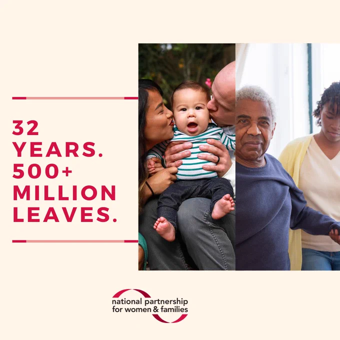 A cream square graphic featuring a smaller square of two photos: one with a mother and father each kissing the cheek of their round faced baby and another with an older brown man receiving a helping hand from a younger brown woman. To the left of the photo square, red text reads, “32 years. 500  million leaves."