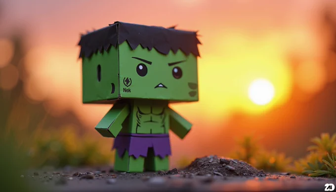 Prompt: a cute cardboard Hulk, sunrise, old cardboard, adorable, whimsical, highly detailed, natural lighting, and a cozy, artistic atmosphere, enchanting, minimalist scene filled with warm, soothing colors and intricate cardboard textures, a cardboard art