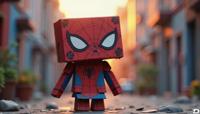Prompt: a cute cardboard Spider-Man, sunrise, old cardboard, adorable, whimsical, highly detailed, natural lighting, and a cozy, artistic atmosphere, enchanting, minimalist scene filled with warm, soothing colors and intricate cardboard textures, a cardboard art