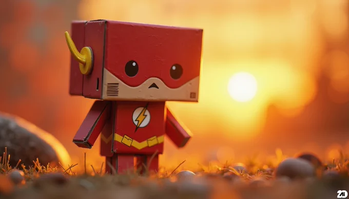 Prompt: a cute cardboard Flash, sunrise, old cardboard, adorable, whimsical, highly detailed, natural lighting, and a cozy, artistic atmosphere, enchanting, minimalist scene filled with warm, soothing colors and intricate cardboard textures, a cardboard art