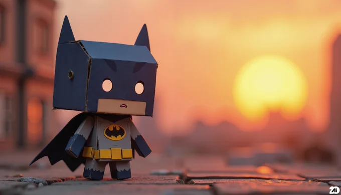 Prompt: a cute cardboard Batman, sunrise, old cardboard, adorable, whimsical, highly detailed, natural lighting, and a cozy, artistic atmosphere, enchanting, minimalist scene filled with warm, soothing colors and intricate cardboard textures, a cardboard art