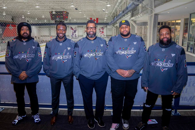 A group photo of today's "Celebrating Black History - Pathways to Hockey" panelists Nyrik Lee, Duante' Abercrombie, Tarik El-Bashir, Devante Smith-Pelly and LeGreg Harrison.