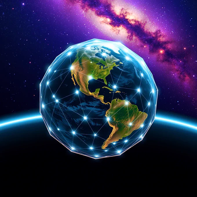 A photorealistic 3D render of Earth surrounded by a crystalline sphere made of glowing triangular facets. The geometric network floats above Earth's surface, with some sections missing to create visual tension. Each triangle edge glows with bright white light, while the faces are transparent. The triangulation pattern is organic yet mathematical, varying in density with tighter clusters over visible continents. Earth sits detailed beneath this geometric shell, with subtle city lights visible on the night side. Key light comes from one side, creating dramatic shadows through the geometric pattern. Background shows the Milky Way galaxy with swirling purple, blue and gold nebulae. Milky Way glows bright revealing all its vivid detail. Color grading emphasizes contrast between warm Earth tones and cool geometric pattern. Professional 3D rendering with ray-traced reflections and volumetric lighting. Photographed with high-end cinema camera, ultra-sharp focus, at f/2.8 aperture.