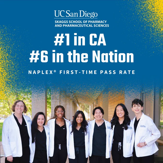 #1 in CA #6 in the nation NAPLEX first-time pass rate. An image of seven smiling pharmacy students in white coats