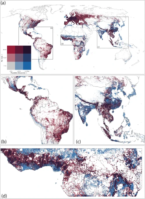 The distribution of zoonotic host richness (reds) and human population density (blues) in the wildland–urban interface varies globally. Panels (b and d) show in detail regions in the Global South with large populations living in the WUI with high zoonotic potential: Brazil and Central America, Southeast Asia, and equatorial Africa, respectively. Map lines delineate study areas and do not necessarily depict accepted national boundaries.