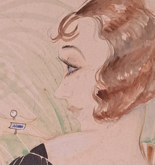 A sketch in pencil and watercolour on paper, showing the back view of an elegant woman in a black dress, holding a large green ostrich feather fan in front of her, with her head turned to the left. The dress plunges to a deep V down to her hips, baring much of her back. The dress has tight fitting sleeves with puffs at the shoulders. The woman wears her reddish brown hair in a short waved bob and has two rings on long fingers with pointed finger-nails, one set with a large pearl and the other probably a baguette cut sapphire and diamonds. The sketch is dated 1929. 