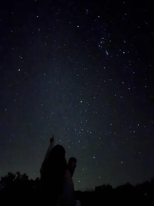 Me pointing to a starry night sky next to my telescope.