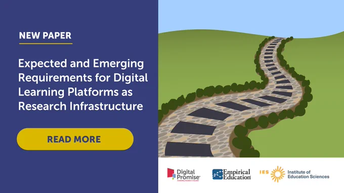 Promotional graphic for a new paper titled 'Expected and Emerging Requirements for Digital Learning Platforms as Research Infrastructure.' Features a stylized road leading through a landscape, representing the journey of digital education. A 'Read More' button is prominent. Logos of Digital Promise, Empirical Education, and the Institute of Education Sciences displayed at the bottom.