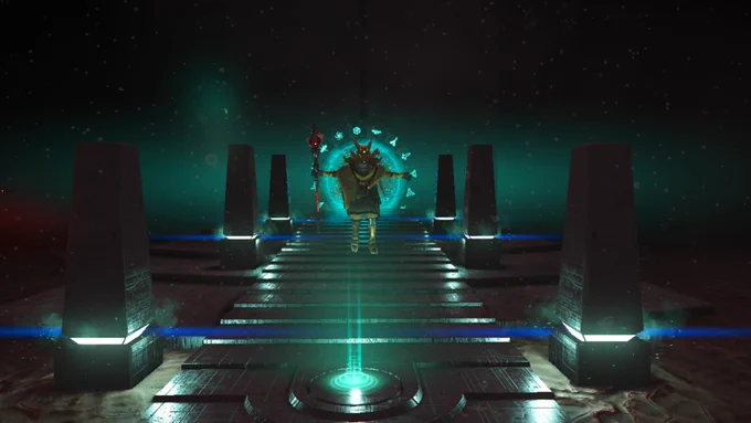 Walking through a portal onto a water world in No Man's Sky