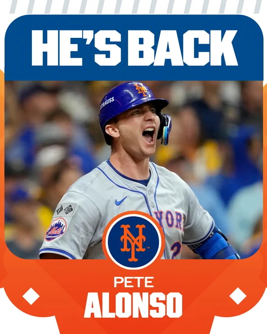 He's Back
Pete Alonso
New York Mets
Pictured: Pete Alonso celebrates a home run. He wears a gray Mets uniform with a blue batting helmet.
