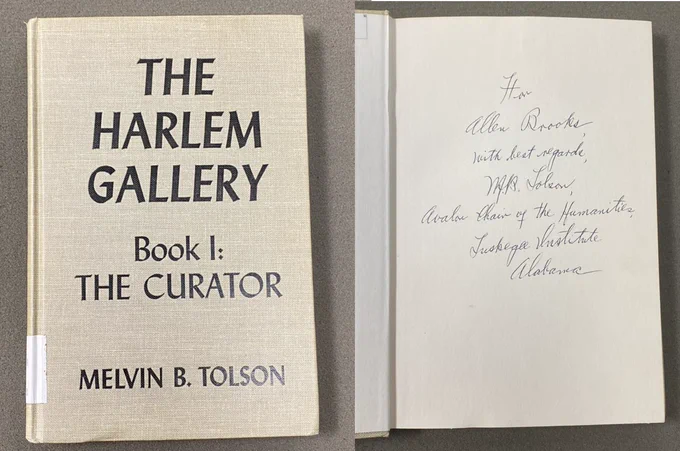 Photo of cover of book "The Harlem Gallery" and page signed by the author "M. B. Tolson, Avalon Chair of the Humanities, Tuskegee Institute Alabama."
