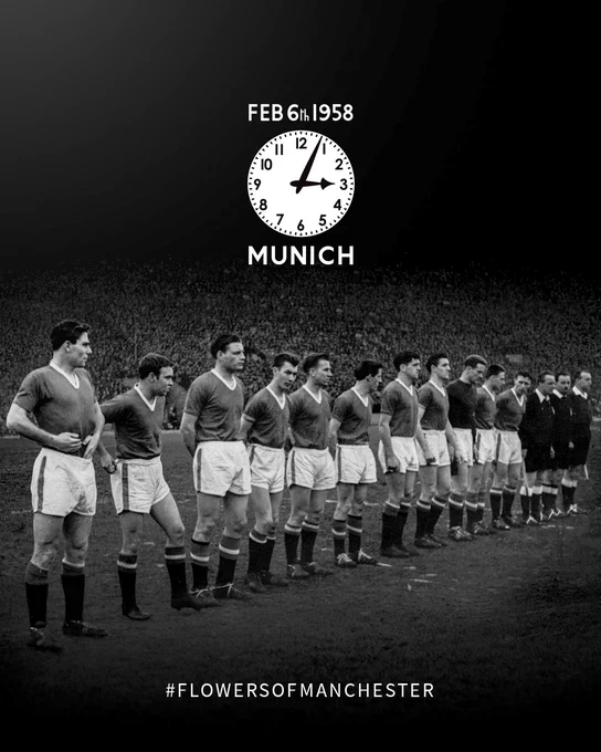 An image of the Busby Babes lining up ahead of kick-off, with a image of the Munich clock showing 3:04 PM on February 6, 1958.