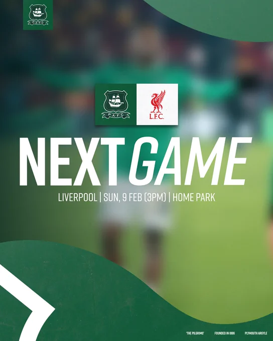 A graphic for Argyle's next match, at home to Liverpool in the Emirates FA Cup.