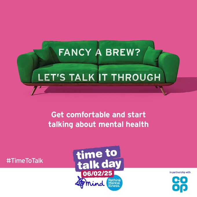 Image of a green sofa on a pink background. Over the sofa it reads fancy a brew? Lets talk it through. underneath it says get comfortable and start talking about mental health. Time to talk day is Thursday 6 February 2025.