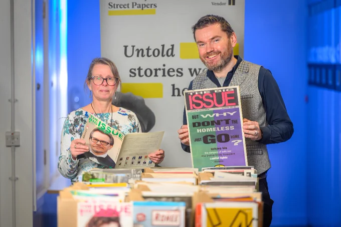 Kirsty Menzies, Assistant Archivist at Glasgow Caledonian University, with Mike Findlay-Agnew, Chief Executive of the International Network of Street Papers.