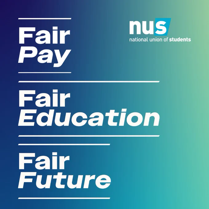 An NUS UK graphic with three prominent campaign slogans reading: Fair Pay, Fair Education and Fair Future.
