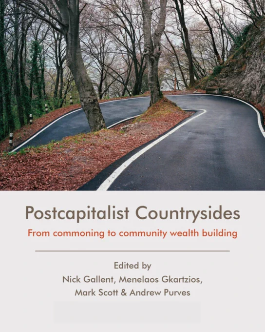 A colour photograph of a winding country road in winter lined with bare trees. Text reads: Postcapitalist Countrysides: From commoning to community wealth building, edited by Nick Gallent, Menelaos Gkartzios, Mark Scott & Andrew Purves. UCL Press. 
