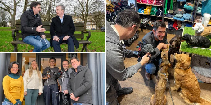 Top left image shows BBC News Climate Editor Justin Rowlatt interviewing Professor Guy Poppy, Pro Vice-Chancellor for Research and Innovation at the University of Bristol. Right image shows Justin with pooches participating in the taster session. Bottom left image shows the BBC News team with staff at Doghouse pet store in Clifton. 