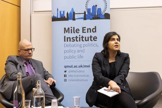 Baroness Warsi in conversation with Professor Martin Coward at the Mile End Institute on Tuesday 4 February. Credit: Gary Schwartz.