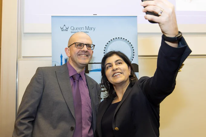 Baroness Warsi taking a selfie with Professor Martin Coward at the Mile End Institute on Tuesday 4 February. Credit: Gary Schwartz.
